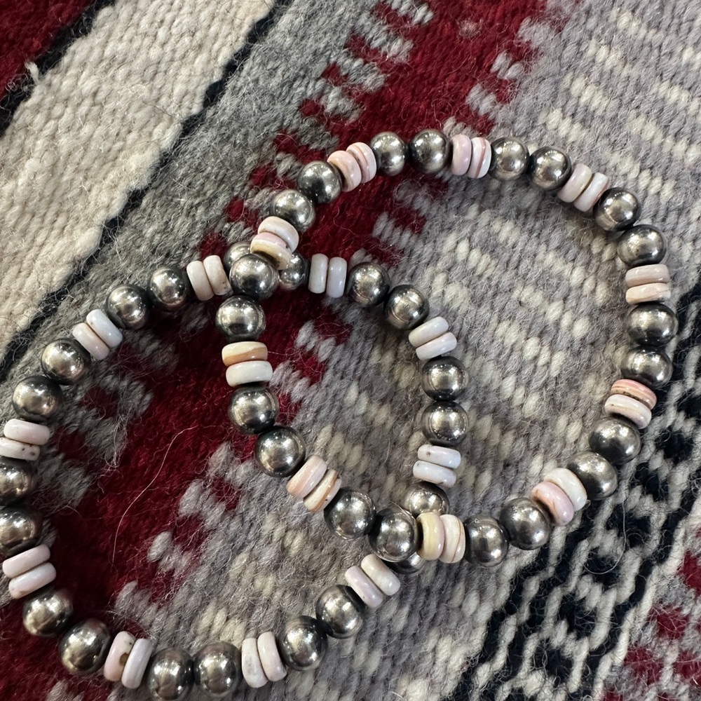 Set of Two Sterling Silver & Pink Conch Stretch Bracelets